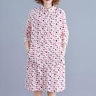 Dotted Elbow-sleeve Shirt Dress Pink - One Size