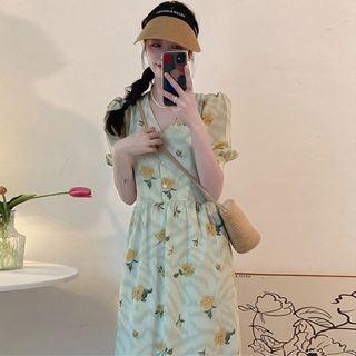 Puff-sleeve Floral Print Midi A-line Dress Yellow Floral - Green - One Size