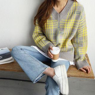 V-neck Glen-plaid Oversized Sweater