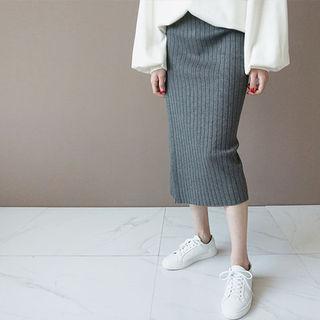 Slit-side Ribbed Knit Pencil Skirt