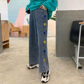 Heart Embroidered Cropped Wide-leg Jeans