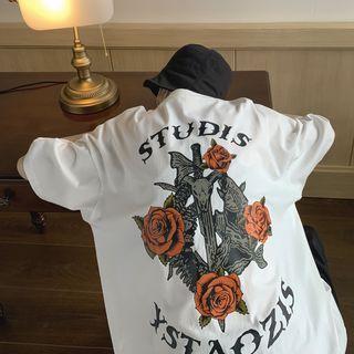 Elbow Sleeve Rose Print Oversized T-shirt