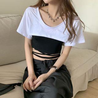 Color Block Short-sleeve T-shirt / Midi A-line Skirt