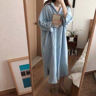 Long-sleeve Loose-fit Slit-side Midi Shirtdress