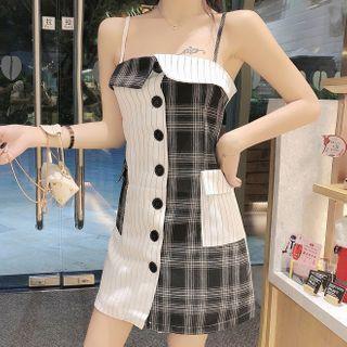 Spaghetti Strap Plaid Panel A-line Mini Dress