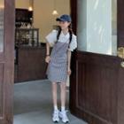 Puff Short-sleeve Shirt / Plaid Strappy A-line Dress