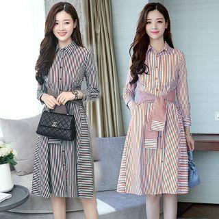 Long-sleeve Tie-waist Striped Dress