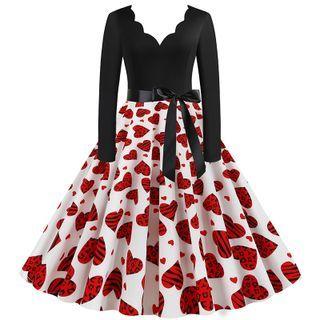 Long-sleeve Bow Heart Print Midi A-line Dress