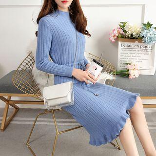 Drawstring Long-sleeve Midi Knit Dress