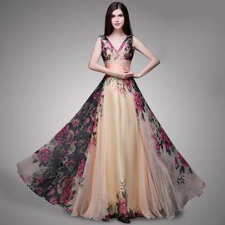 Floral Print Sleeveless Evening Dress