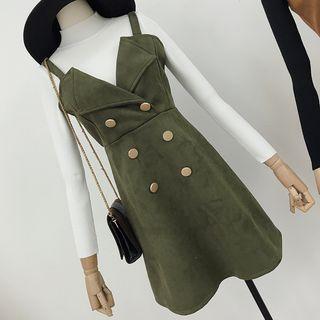 Set: Mock-neck Knit Top + Double-breasted A-line Pinafore Dress