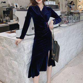 Asymmetric Velvet Midi Wrap Sheath Dress