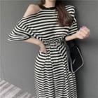 Striped Asymmetric Cutout Short-sleeve Midi A-line Dress Stripes - Black & White - One Size