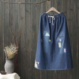 Drawstring Embroidery Denim Long Skirt