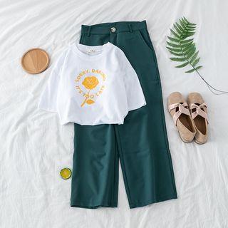 Set: Flower Print T-shirt + Plain Straight-leg Pants