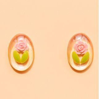 Rose Resin Earring 1 Pair - Ear Studs - Pink & Green & Transparent - One Size