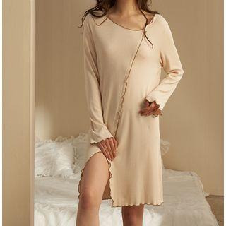 Long-sleeve Slit Lettuce Edge Mini Sleep Dress