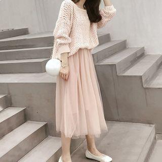 Set: Crochet Knit Sweater + Mesh Midi A-line Skirt