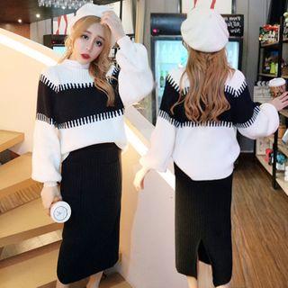 Mock-turtleneck Two-tone Sweater / Midi Straight-cut Knit Skirt / Set