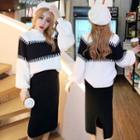 Mock-turtleneck Two-tone Sweater / Midi Straight-cut Knit Skirt / Set