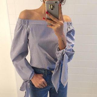 Off-shoulder Pinstripe Long-sleeve Top