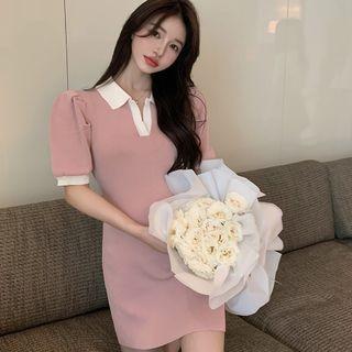 Polo-neck Two-tone Knit Dress Pink - One Size