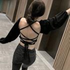 Open Back Lantern-sleeve T-shirt Black - One Size