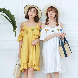 Cutout-shoulder Pompom-accent Pleated Tunic