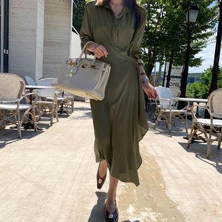 Wrap-front Satin Maxi Shirtdress