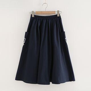 Band-waist Midi A-line Skirt Navy Blue - One Size