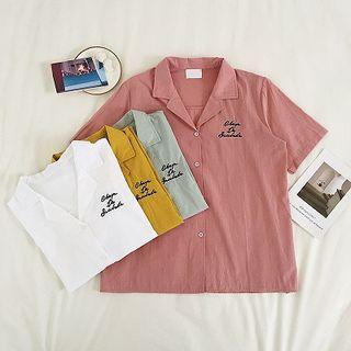 Lettering Embroidered Single-breasted Short-sleeve Blouse