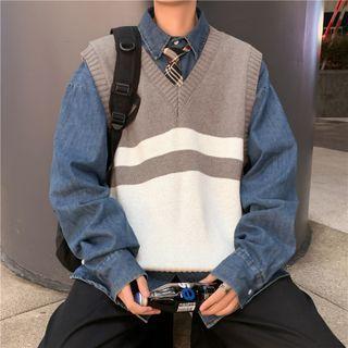 V-neck Two-tone Striped Knit Vest