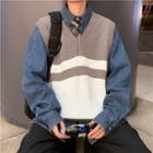 V-neck Two-tone Striped Knit Vest