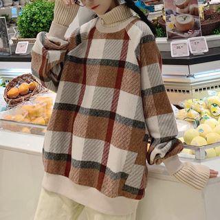 Turtleneck Plaid Pullover Plaid - Brown & White - One Size