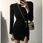 Long-sleeve Slit Mini Bodycon Dress Black - One Size