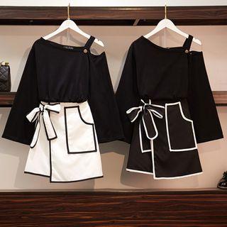 Set: Long-sleeve Cold-shoulder T-shirt + Asymmetric A-line Skirt