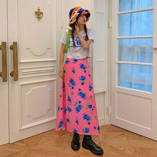 Flower-pattern Maxi A-line Skirt