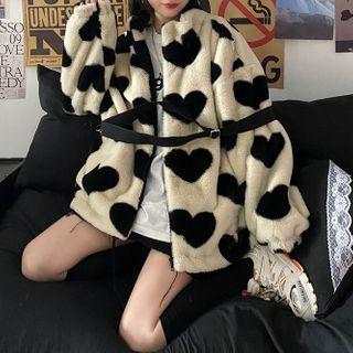 Heart Print Fleece Jacket Black Heart - White - One Size