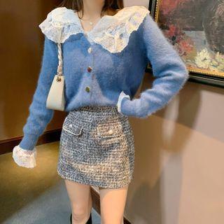V-neck Cardigan / Tweed Mini Pencil Skirt