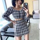 Set : Plaid Long-sleeve Blouse + High Waist A-line Skirt