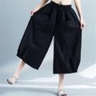 Elastic-waist Cropped Wide-leg Pants Black - One Size