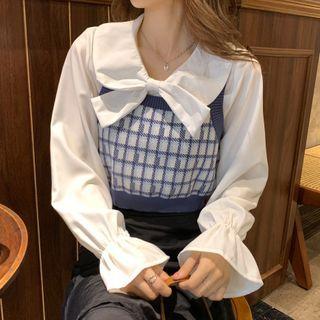 Gingham Knit Vest / Long-sleeve Tie-neck Blouse