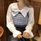 Gingham Knit Vest / Long-sleeve Tie-neck Blouse