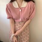 Puff-sleeve Collar Button-up Knit Top / Floral Midi A-line Skirt