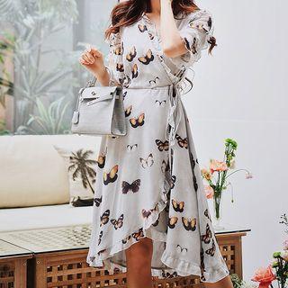 Butterfly Print Elbow-sleeve A-line Dress