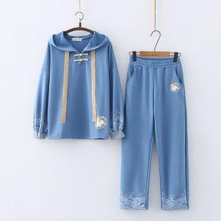 Set: Rabbit Embroidered Hoodie + Loose Fit Pants