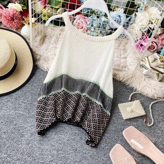 Color-block Eyelet Knit Camisole As Shown In Figure - One Size