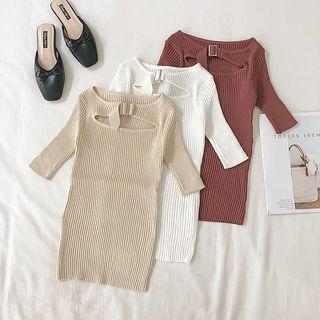 Plain Cutout Elbow-sleeve Knit Dress
