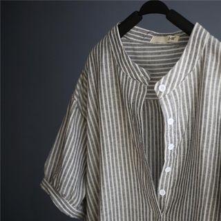 Striped Elbow Sleeve Half Placket Shirt Dress