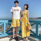 Couple Matching Short-sleeve Lettering T-shirt / Floral Print Shorts / Sleeveless Midi Dress